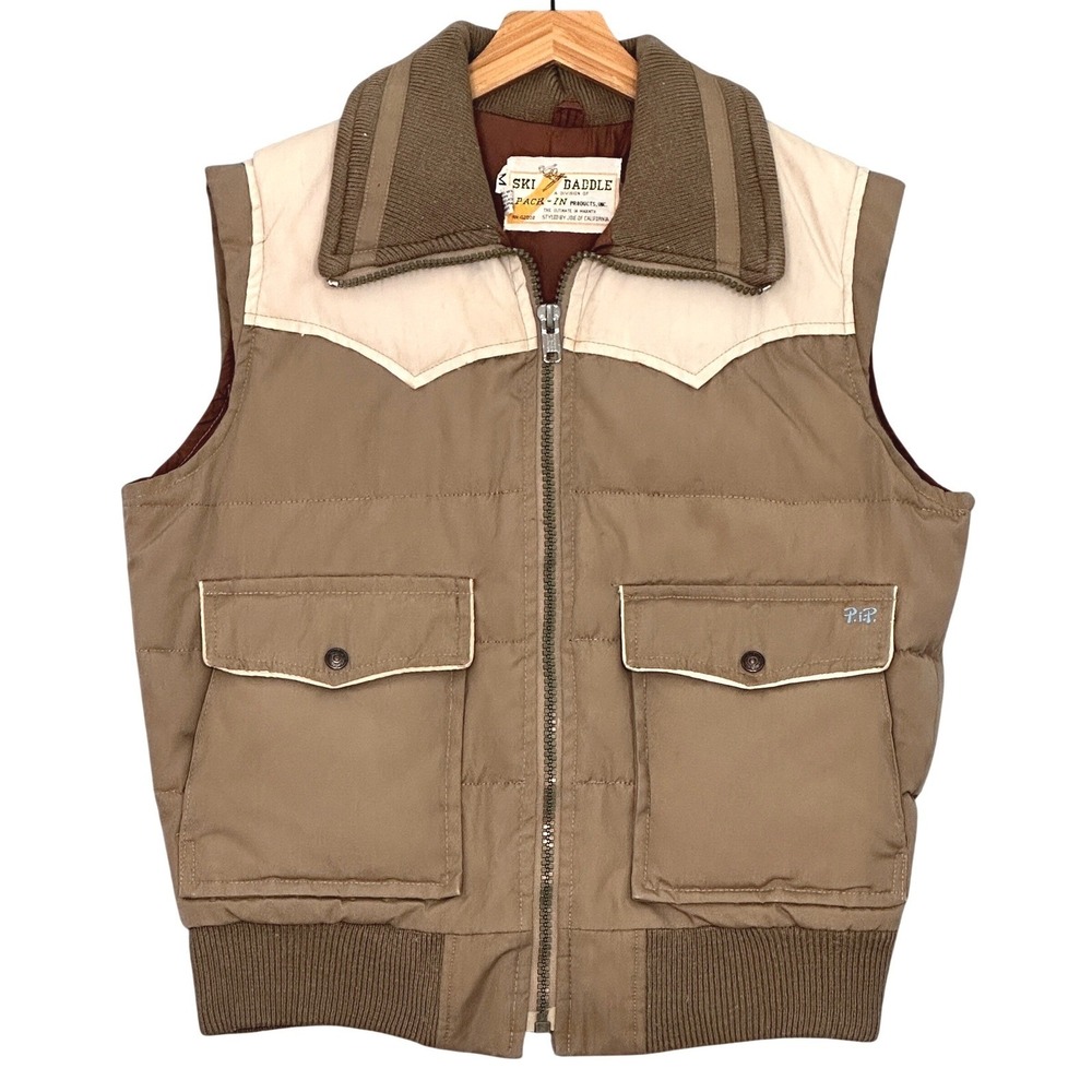 VTG Ski Daddle Mens Vest M Brown Tan Goose Down Puffer Full Zip Western‎ Yoke